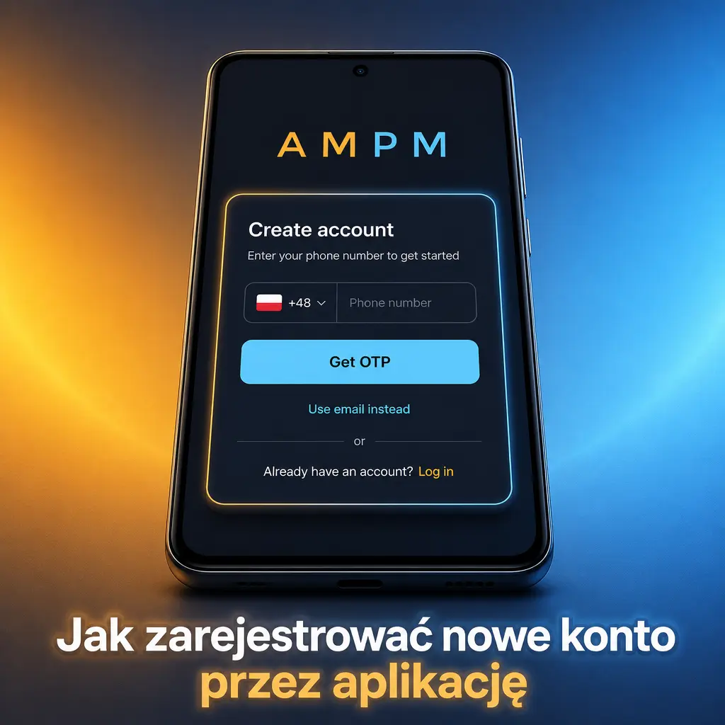 Instrukcja rejestracji nowego konta w aplikacji AMPM Casino krok po kroku na smartfonie.