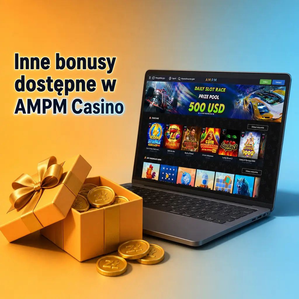 Tabela dodatkowych bonusów w AMPM Casino: cashback, reload, darmowe spiny, program VIP i bonus za polecenie znajomego.