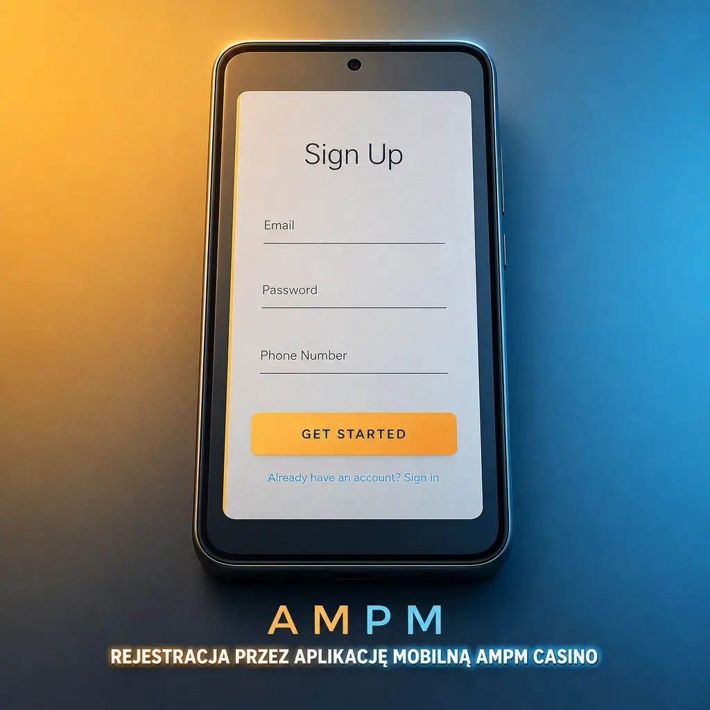 Rejestracja w aplikacji mobilnej AMPM Casino – pobranie APK, wybór metody i potwierdzenie konta na Androidzie.